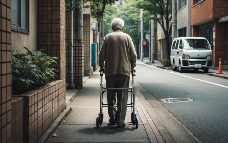 歩行器で歩く高齢者