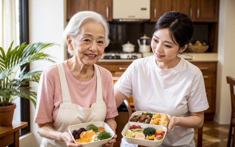 ご年配宅へ食配サービスをする女性