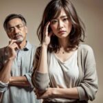 イライラする中年女性と疑問視する中年男性