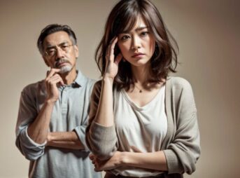 イライラする中年女性と疑問視する中年男性