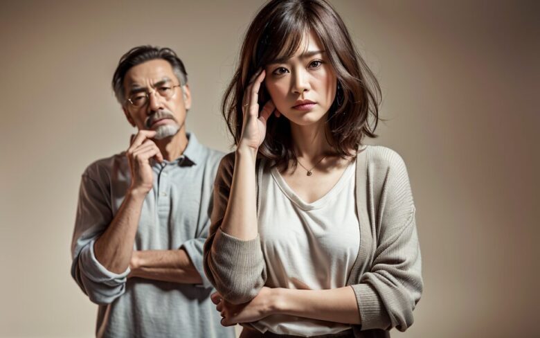 イライラする中年女性と疑問視する中年男性