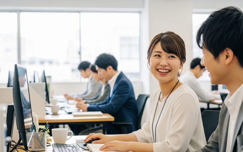 同僚と話をする女性