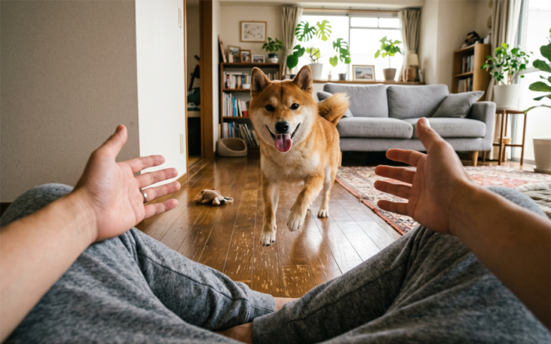 寄ってくる柴犬