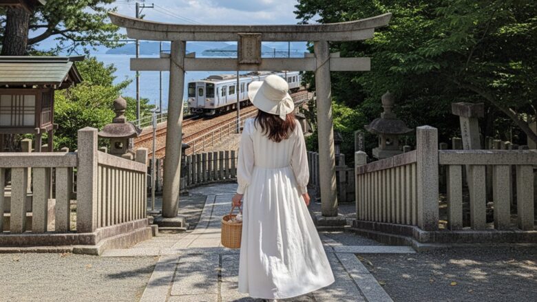 神社の境内を歩く女性