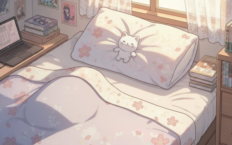 猫のぬいぐるみとベッド