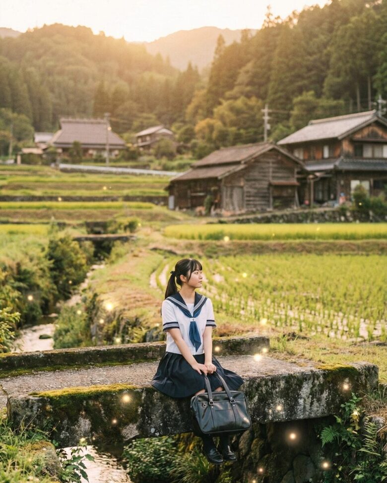 女子高生と日本の田舎