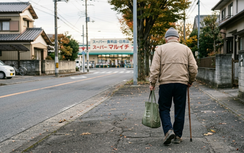 買物へ向かう年輩の男性