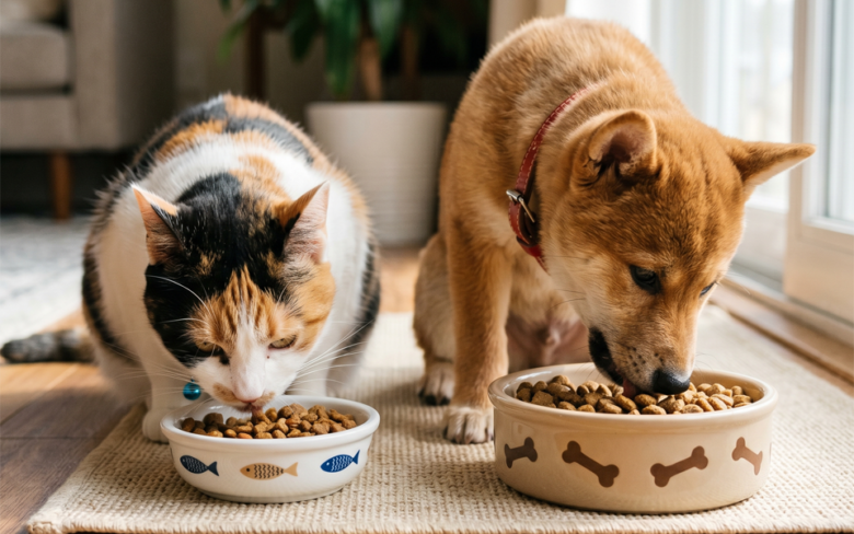 食事中の猫と犬