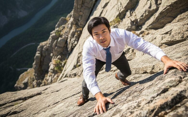 岩山を上るサラリーマン