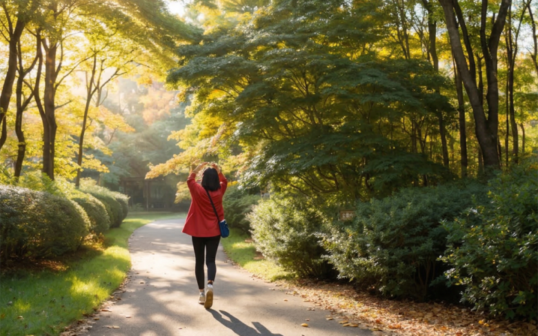 朝に公園を散歩する女性