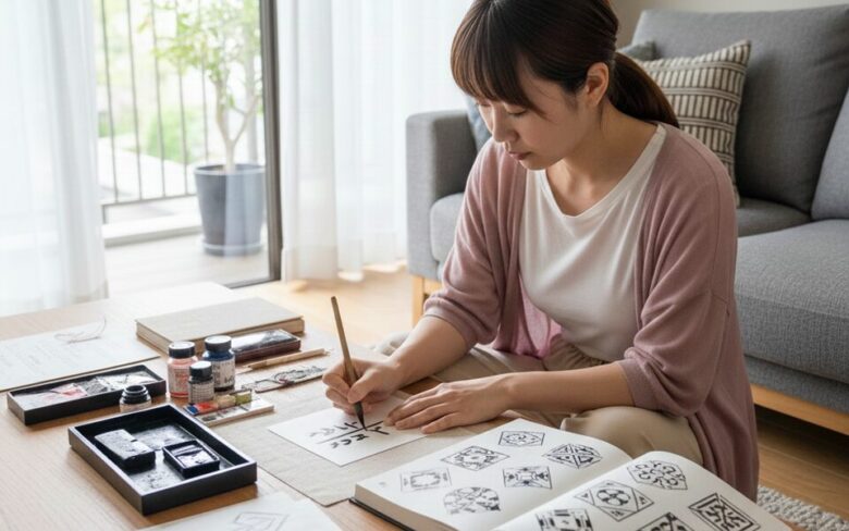 護符を模写する女性