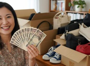 物を売って現金を持つ女性