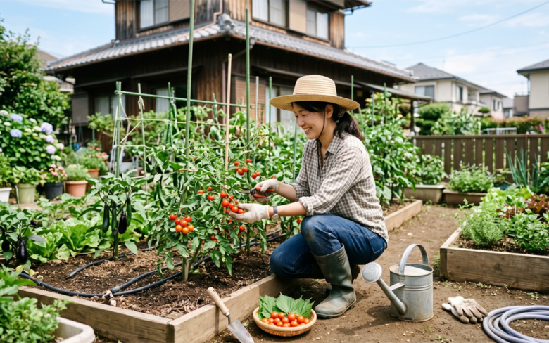 家庭菜園をする女性