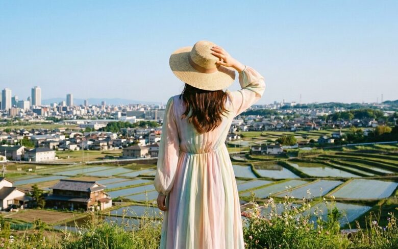 高台から風景を眺める女性