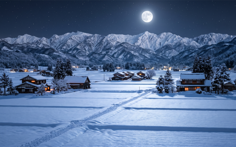 満月の夜と田舎の雪景色