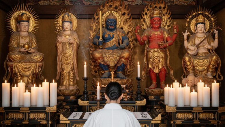 神神しい仏殿の間と女性