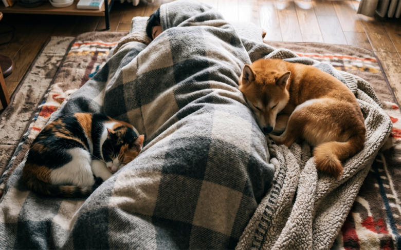飼い主の側で眠る犬と猫
