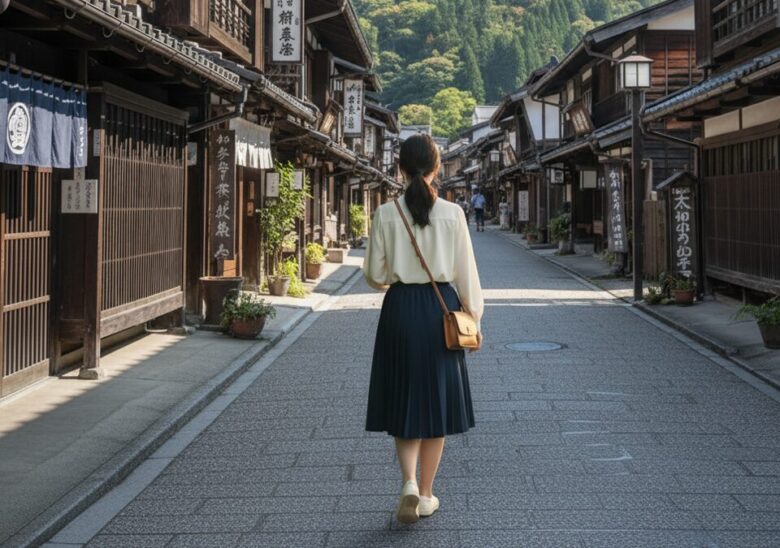 宿場町を歩く女性