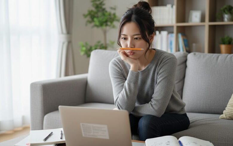 パソコンを見て考える女性