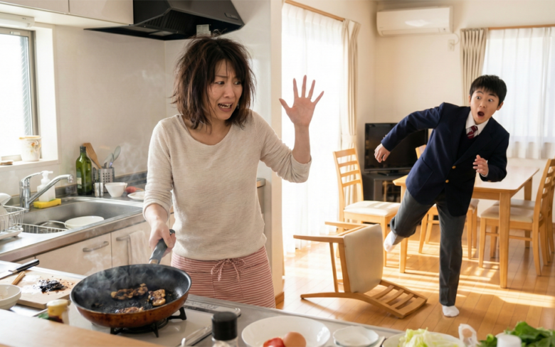 料理中にあわてる女性と男児