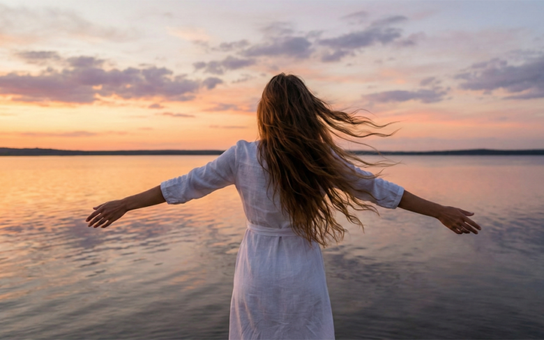 湖畔で両手を広げる女性