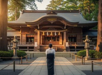 神社で祈祷する女性