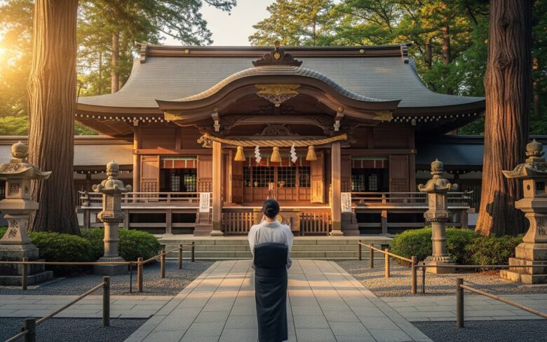 神社で祈祷する女性