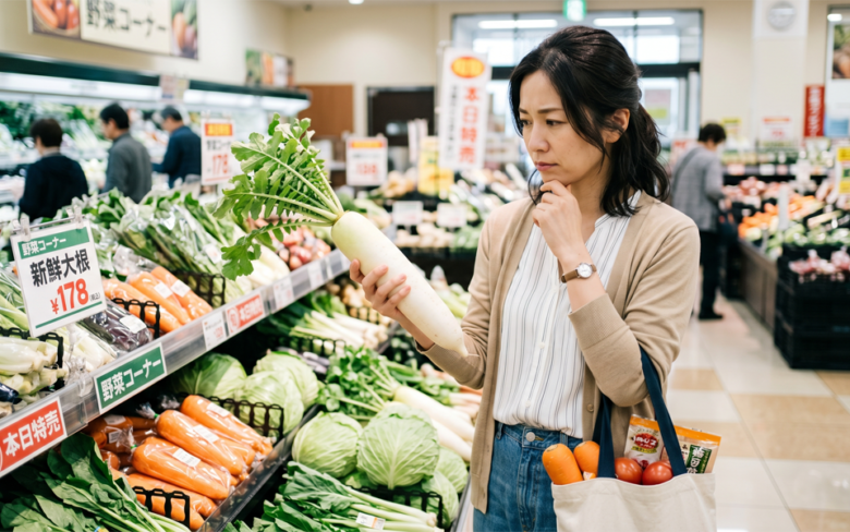 スーパーで野菜を手に取り考える女性