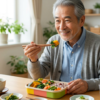 お弁当を食する年輩の男性