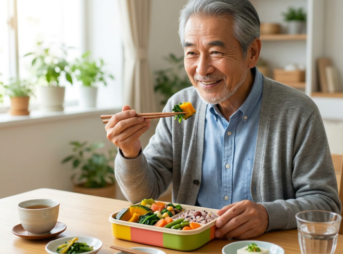 お弁当を食する年輩の男性