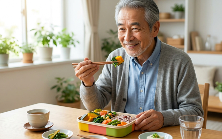お弁当を食する年輩の男性