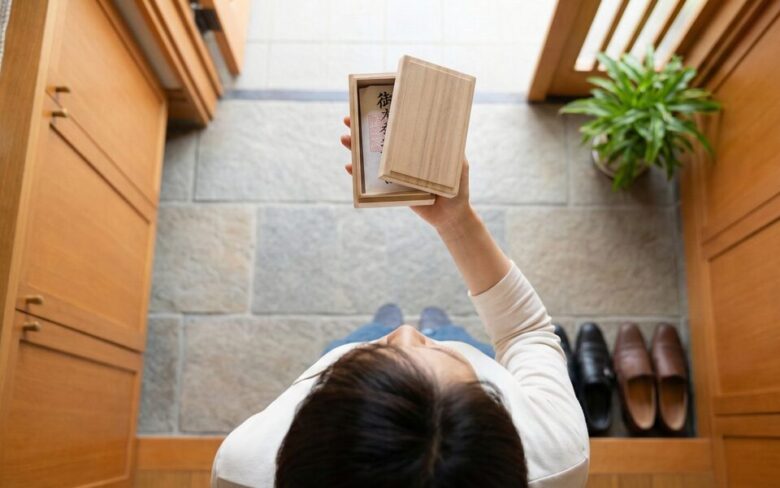 護符を眺める女性