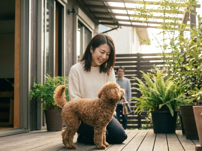 おもちゃを飼い主み見せる犬