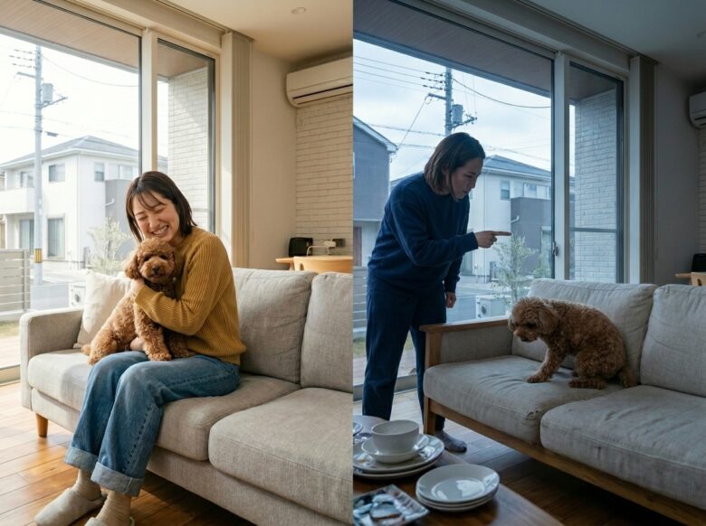 犬を飼って幸せな人と不幸な人の対比画像