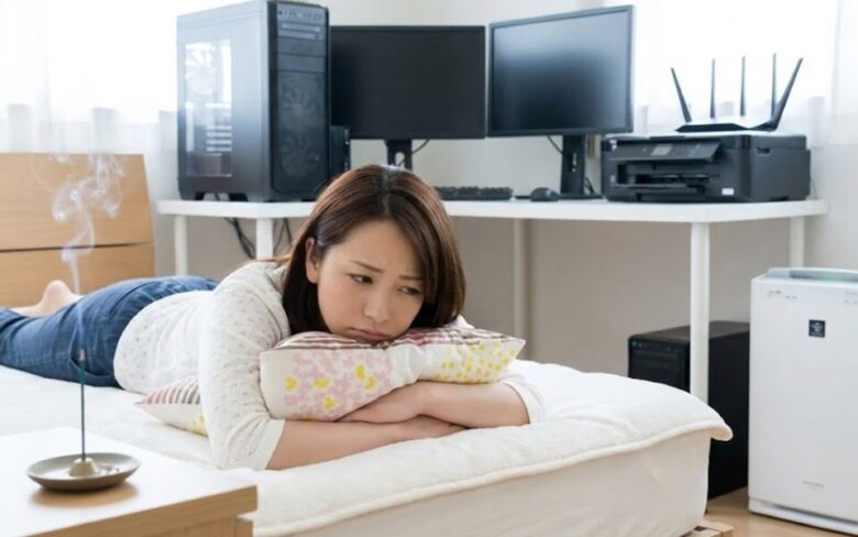 部屋でねそべる女性